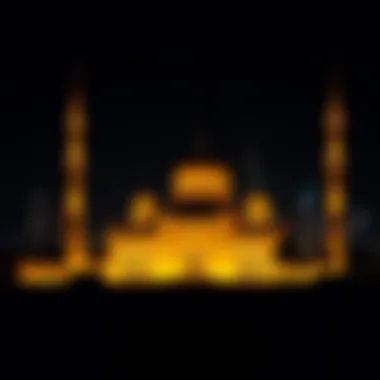 Illuminated Majesty: Nighttime View of the Mosque Night view of the mosque illuminated, capturing its majestic presence against the skyline