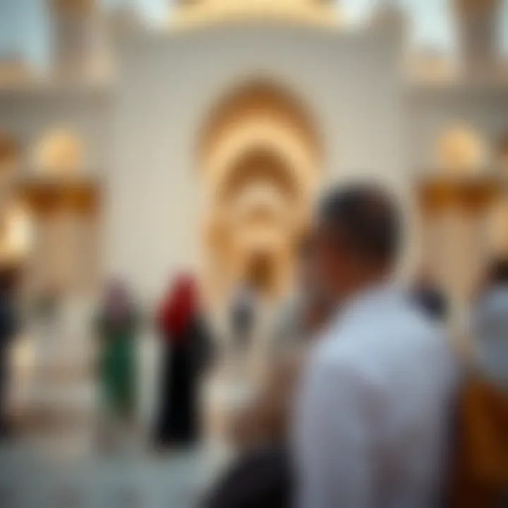 Cultural Engagement: Visitors Exploring the Mosque Visitors engaging with the architectural features and cultural elements around the mosque