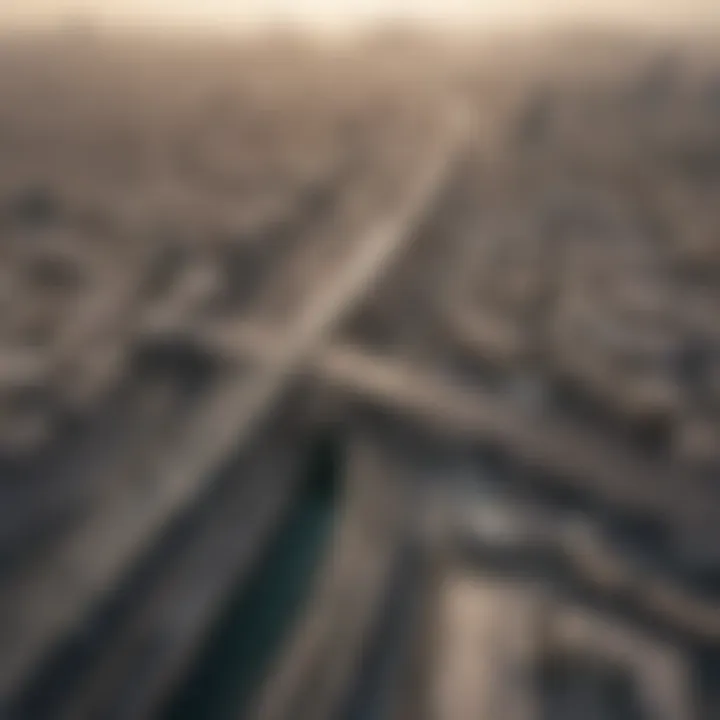 An aerial view showcasing the Dubai Metro in relation to major real estate developments.