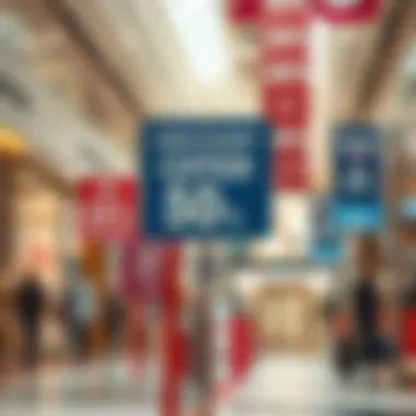 Discount Offers A selection of discount signs prominently displayed throughout the mall, emphasizing savings