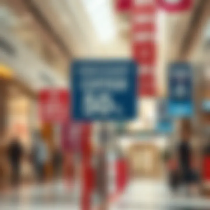 Discount Offers A selection of discount signs prominently displayed throughout the mall, emphasizing savings