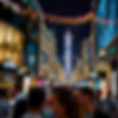 Luxurious shopping district in Dubai with high-end boutiques and bustling crowds