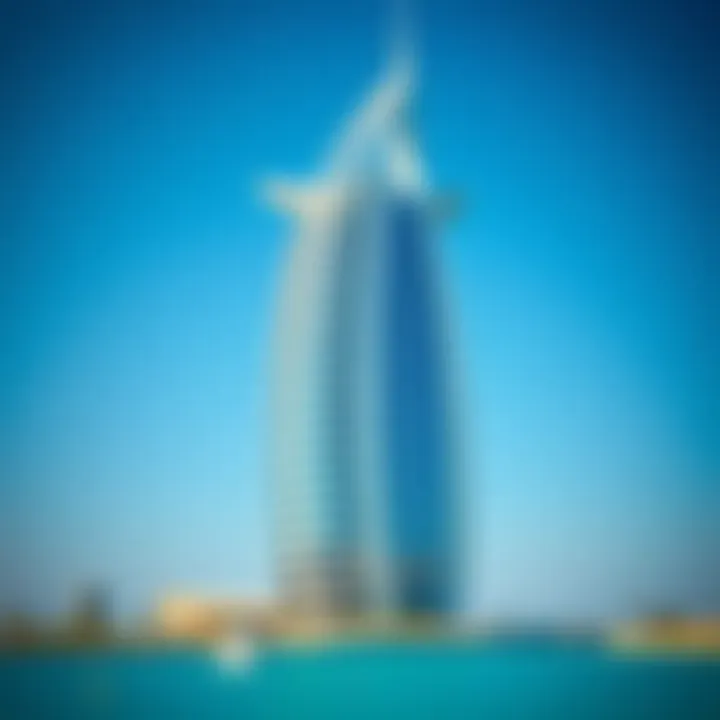 The luxurious facade of the Burj Al Arab against the blue sea