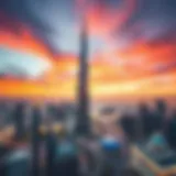 The Burj Khalifa at sunset with a vibrant sky