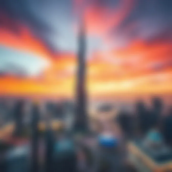 The Burj Khalifa at sunset with a vibrant sky