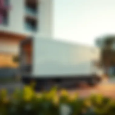 A modern furniture truck parked outside a residential building