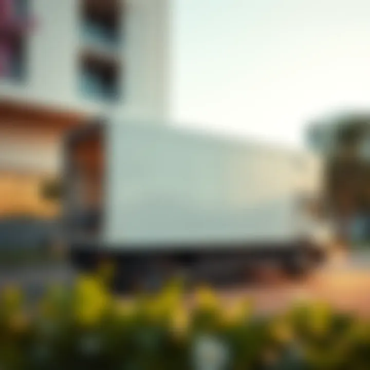 A modern furniture truck parked outside a residential building