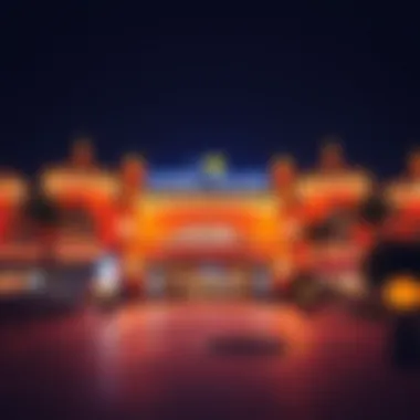 A panoramic view of the Global Village entrance lit up at night