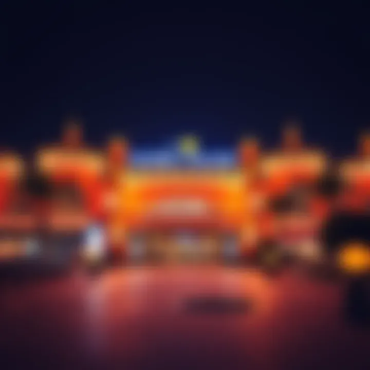 A panoramic view of the Global Village entrance lit up at night