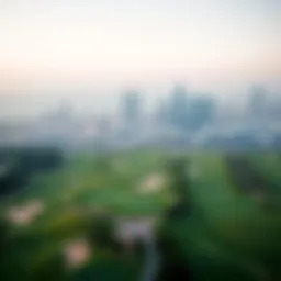 Aerial view of the lush green fairways at Dubai Golf Club with the skyline in the background