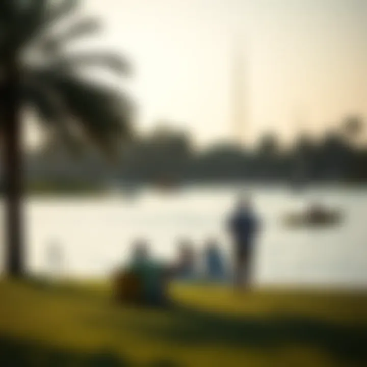 Visitors enjoying recreational activities by the lakeside in Dubai