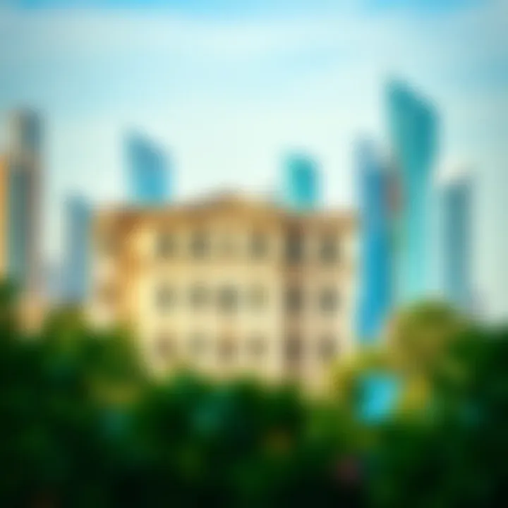 Old Gargash Building with Dubai Skyline Surrounding landscape of the Old Gargash Building amidst modern Dubai skyline