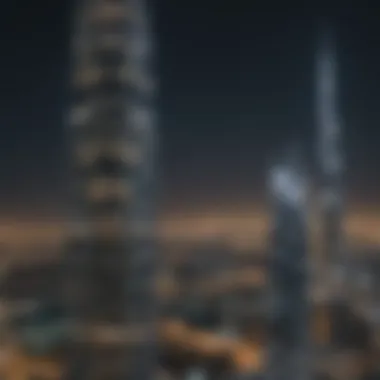 Night view of Maria Tower illuminated against the Dubai skyline.