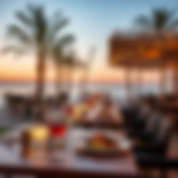 An elegant dining setup at a beachfront restaurant with gourmet dishes
