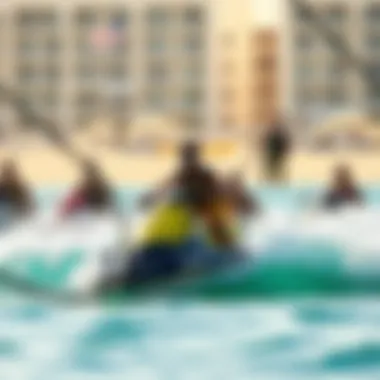 A vibrant scene of recreational activities at Mer Beach, including water sports