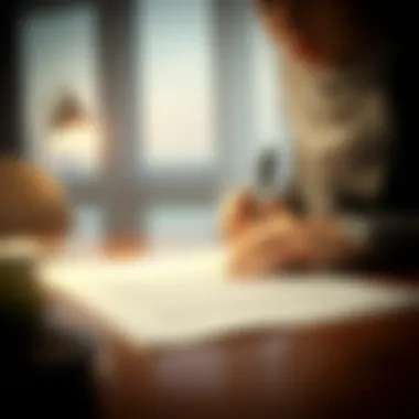 Crafting a Resignation Letter with Care Close-up of a thoughtful individual drafting a letter