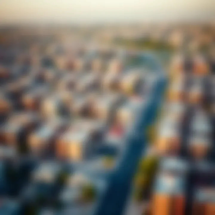 Aerial shot of a vibrant neighborhood in Dubai filled with residential and commercial buildings