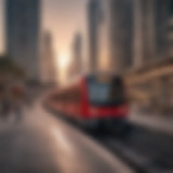 A stunning view of the Red Metro Line train approaching a station in Dubai.