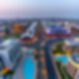 Aerial view of Rigga Al Buteen showcasing modern architectural designs and vibrant urban life.