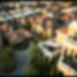 Aerial view of European Village showcasing distinct architectural styles