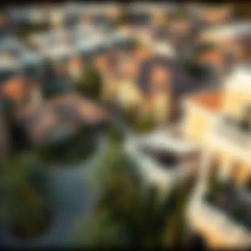Aerial view of European Village showcasing distinct architectural styles