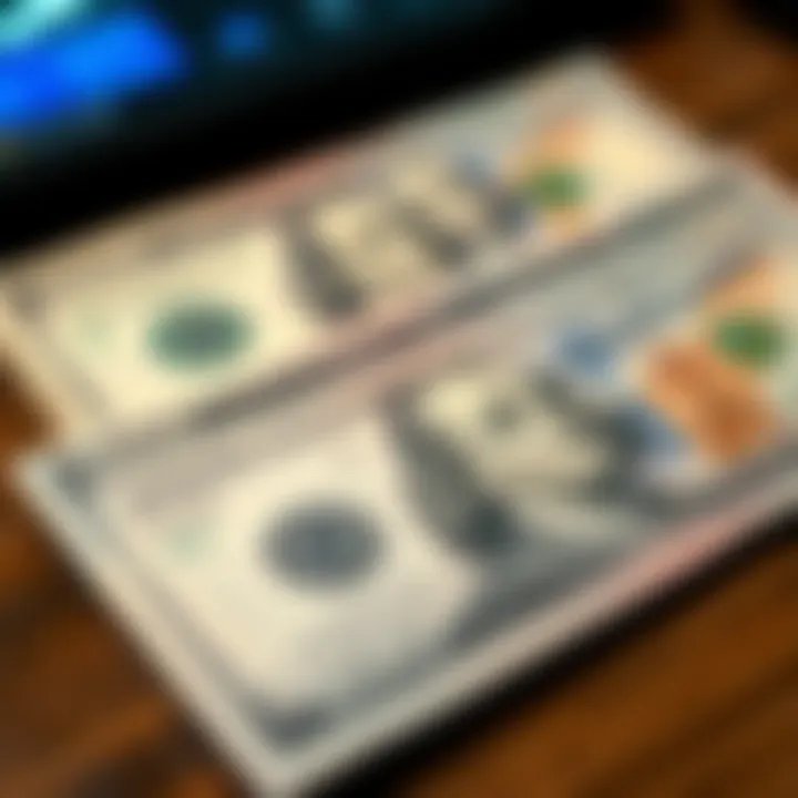 Currency exchange overview with USD and AED notes