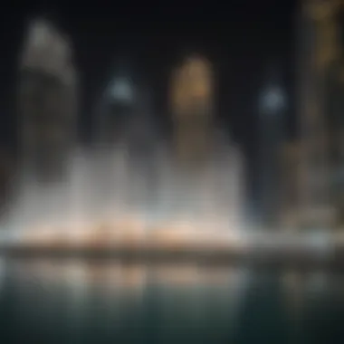 Nighttime Magic of the Dubai Fountain Visitors enjoying the stunning light and sound show of the Dubai Fountain at night.