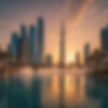 A panoramic view of the Dubai Fountain with the iconic Burj Khalifa in the background during sunset.