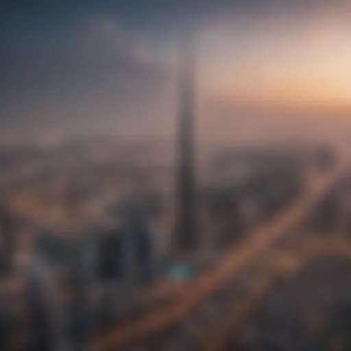 Panoramic view of Burj Khalifa showcasing its towering height against the Dubai skyline